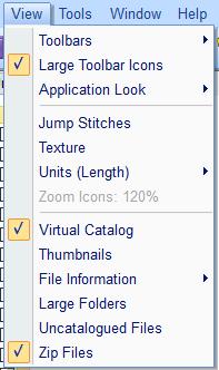 The View menu offers the following commands: Toolbar Large Toolbar Icons Status Bar Jump Stitches Texture Units Zoom Icons Virtual Catalog- Explorer Thumbnails File Information Large Folders