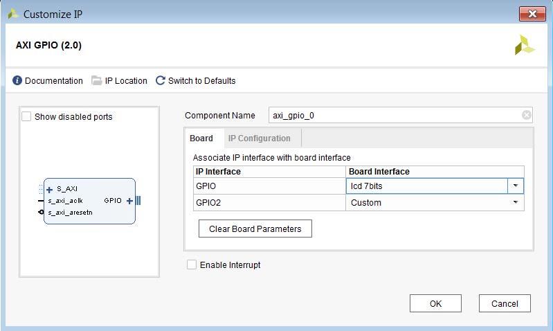 Appendix C: Using the Platform Board Flow for IP X-Ref Target - Figure C-5 Figure C-5: Board Interface Selected The use of the Vivado Design Suite platform board flow can let you quickly connect IP