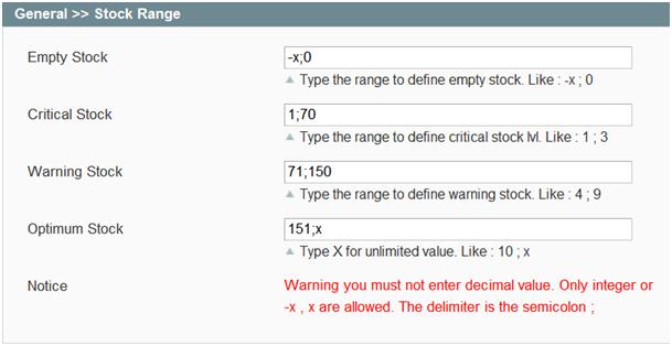 This section is used to define the four stock range to be able to apply the product stock availability status, here the settings : settings Empty Stock Critical Stock Warning Stock Optimum Stock