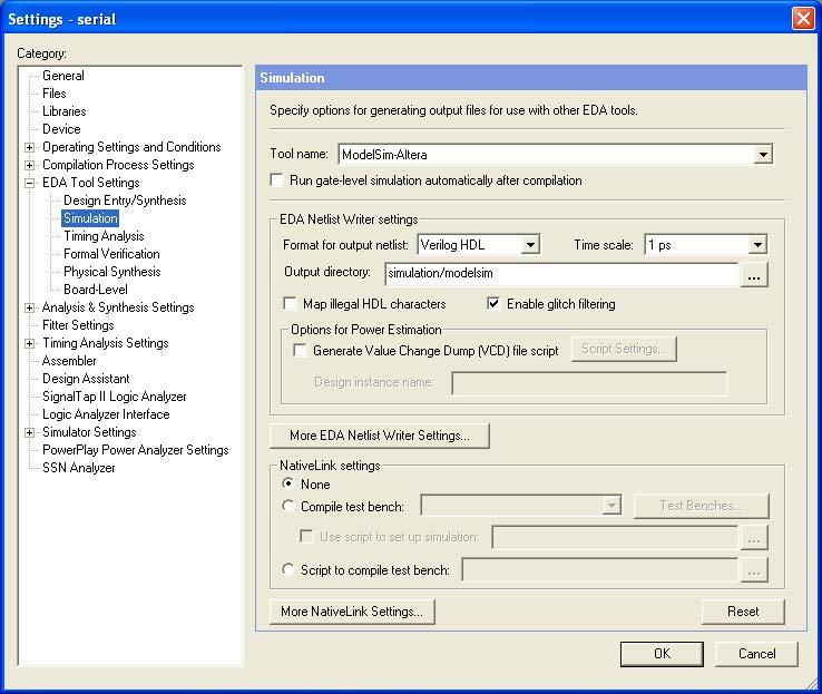 Figure 24: Quartus II EDA simulation tool settings. Once a simulation tool is selected, EDA Netlist Writer settings become available.