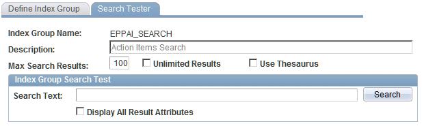 Chapter 12 Defining Search Index Groups Description Override Default Results Link Enter a description of the search index as it is to be used with the search index group.
