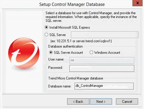 Control Manager 7.0 Installation Guide The Setup Control Manager Database screen appears. Figure 3-11. Choose the Control Manager database 2. Select a database to use with Control Manager.