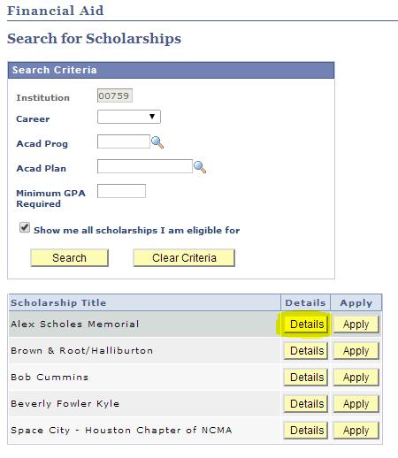 6. Click on Details to view scholarship eligibility criteria.