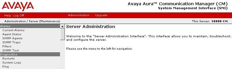 In the subsequent screen, select Administration > Server (Maintenance)