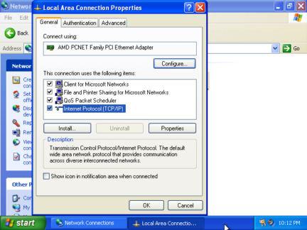 Right click on Local Area Connection and then left click on Properties in the menu that appears. This screen shows you the different configuration items that this particular interface uses.