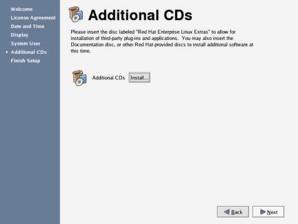 46. The 'Additional CDs' screen appears Fedora Linux gives you the option to install additional software