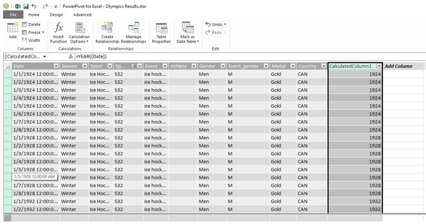 As shown in the above screenshot, the newly inserted calculated column is highlighted. Values in the entire column appear as per the DAX formula used.