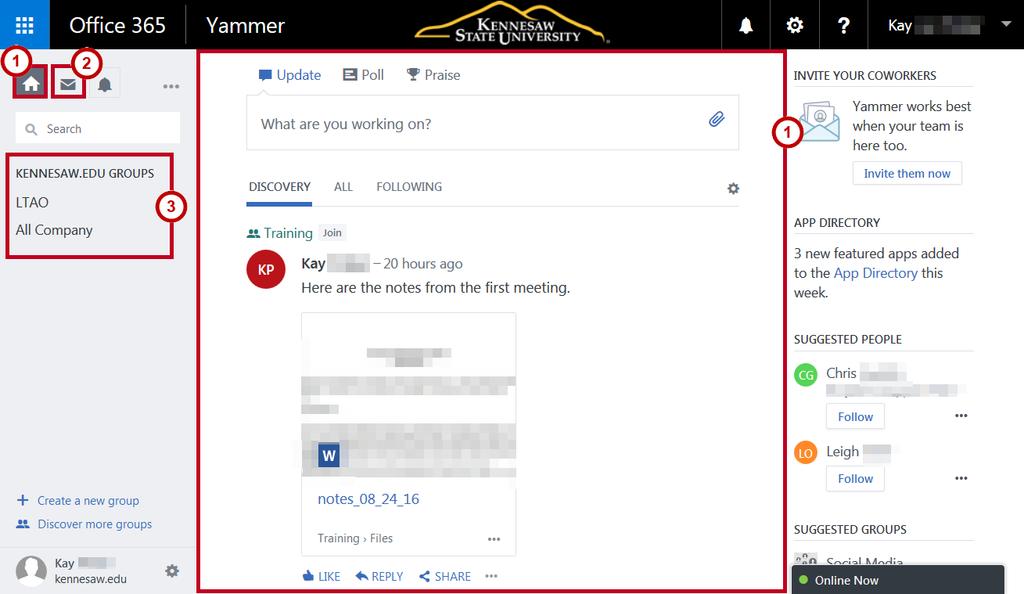 Yammer Navigation When connecting to Yammer, the navigation is organized into three basic areas: 1. Home Feed: This is the landing page that opens when first accessing Yammer.
