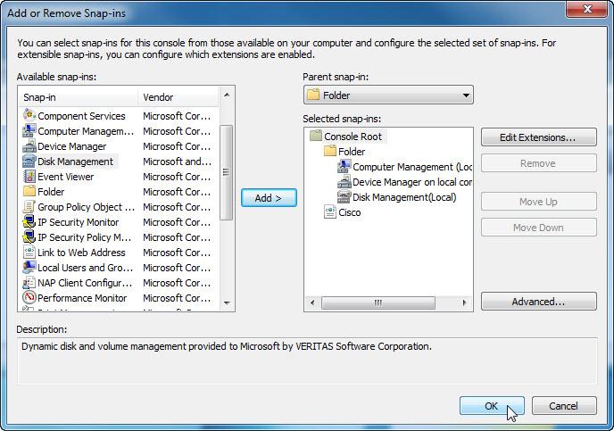 d. Add the following snap-ins: Computer Management, Device Manager, and Disk Management. Note: When you are asked what computer the snap-in will manage, select the default by clicking Finish.