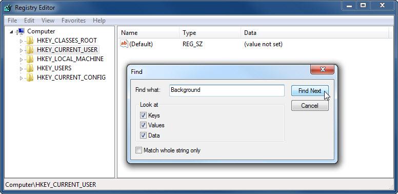 b. Select the HKEY_CURRENT_USER entry. To search for the Background key, click Edit > Find, and type Background. Click Find Next.