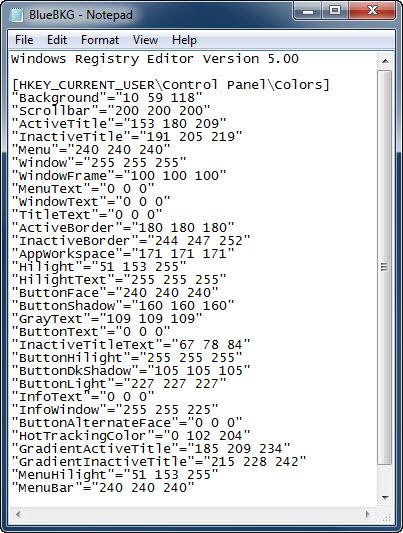 d. Notepad opens displaying the contents of BlueBKG.reg. What is the data value of the Background? e. Close the BlueBKG.reg Notepad window. f.