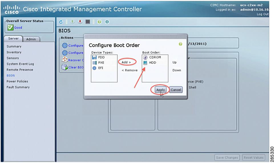 Configure the BIOS to Boot from a CD-ROM Do the following to configure the BIOS to boot from the CD-ROM: Step 1 Navigate to the BIOS section of the CIMC Web Interface, and click Configure Boot Order.