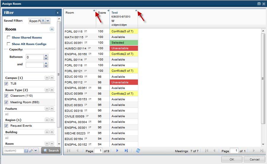 To delete meetings, click the checkbox next to the applicable meeting and press Delete. 11. The Assign Rooms screen will generate and show a list of rooms as Available or Unavailable.