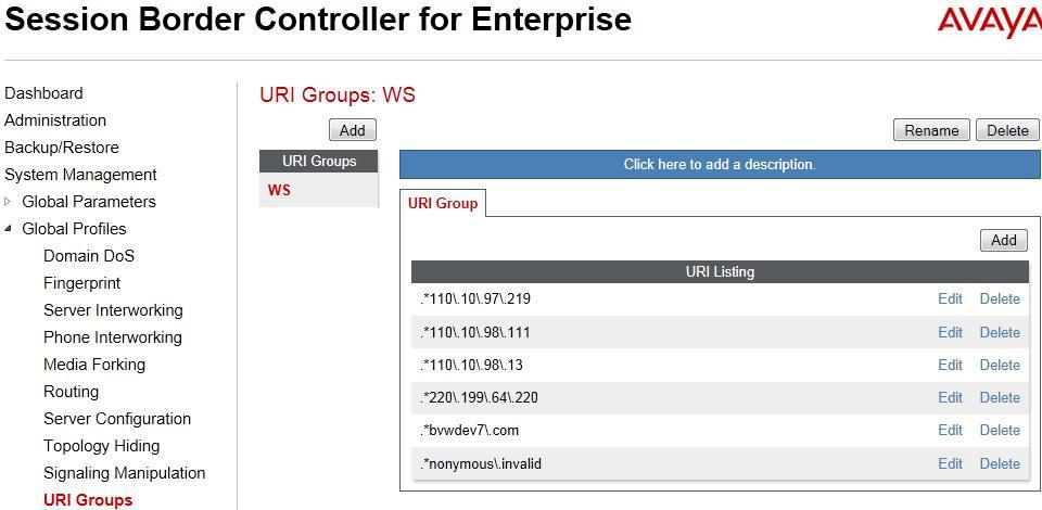 The screenshot below illustrates the URI listing for the URI Group. 6.2.