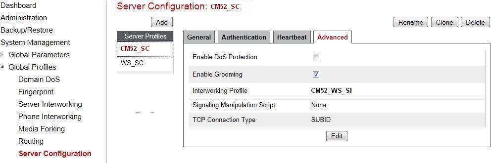 Under Advanced tab, click on Edit botton (not shown), for Interworking Profile drop down list select CM52_WS_SI as defined in Section 6.2.4 and for Signaling Manipulation Script drop down list select None.