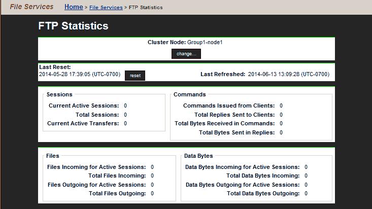 Field/Item Cluster Node Last Reset Last Refreshed When connected to a NAS server cluster or a Unified NAS module, this field indicates the node for which the statistics are displayed.