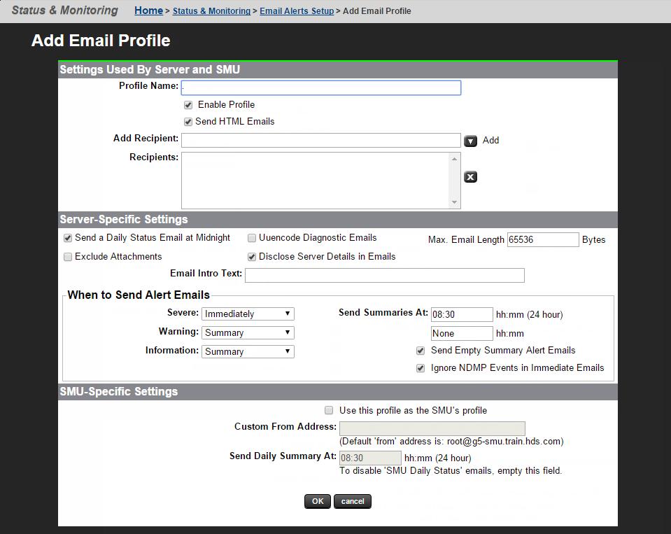 Adding an email profile Procedure 1. Navigate to Home > Status & Monitoring > Email Alert Configuration, and click add to display the Add Email Profile page.