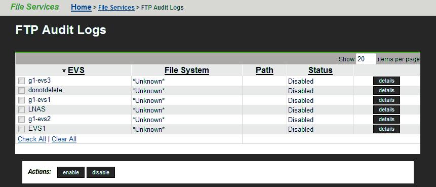 FTP auditing FTP audit logging is controlled on a per-evs basis.
