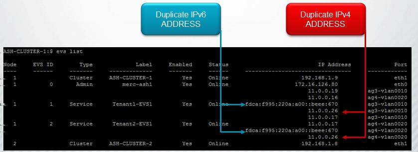 The following commands are used to manage the EVS when multi-tenancy is enabled: evsipaddr set-for-evs routing-by-evs routing-by-evs-disable routing-by-evs-enable routing-by-evs-show For more