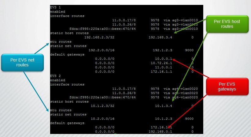 hnas[evs01]:$ evs-select 2 hnas[evs02]:$ route-net-add 10.2.0.0/16 -g 10.1.2.3 -m 9000 Route cache flushed. hnas[evs02]:$ evs-select 3 hnas[evs03]:$ route-host-add 10.1.2.3 -g 10.1.3.4 Route cache flushed.
