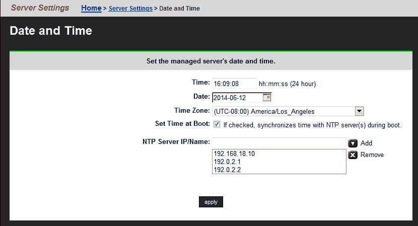 Note: Proper server operation requires time synchronization with a reliable time source.