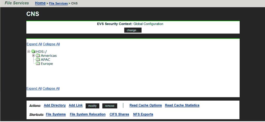 2. If a secure EVS has been created and you want to display the EVS name space for that secure EVS, click change to select the name space you want to display.
