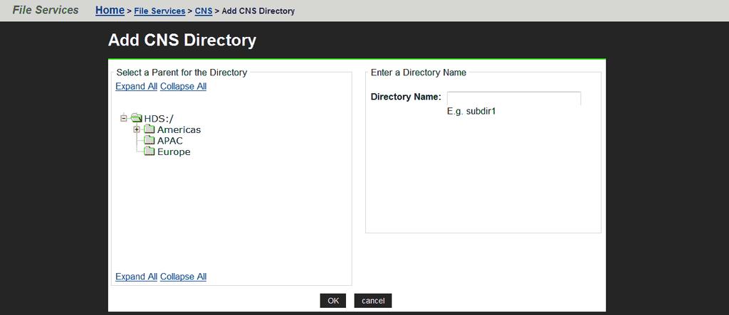 3. From the Select a Parent for the Directory options box, select a parent directory, and enter a name in the Subdirectory Name text box. 4.