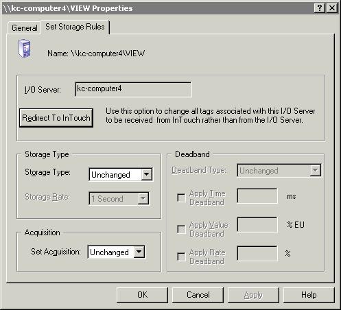 Configuring Data Acquisition 111 Editing Storage Rule Information for an I/O Server When you set storage rules for a particular I/O Server, the rules apply to all tag values originating from that I/O