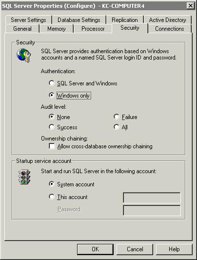 160 Chapter 7 4. Click the Security tab. 5. Verify the authentication mode. The SQL Server and Windows option corresponds to mixed mode authentication.