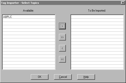 78 Chapter 3 12. If you selected All tags or Plant I/O tags, you can individually specify which plant I/O topics you want to import. To do this, click Topics. The Select Topics dialog box appears. 13.