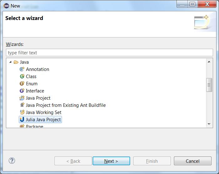Open the Eclipse New Wizard window (Ctrl + N) and select Julia Java Project from the list, then click