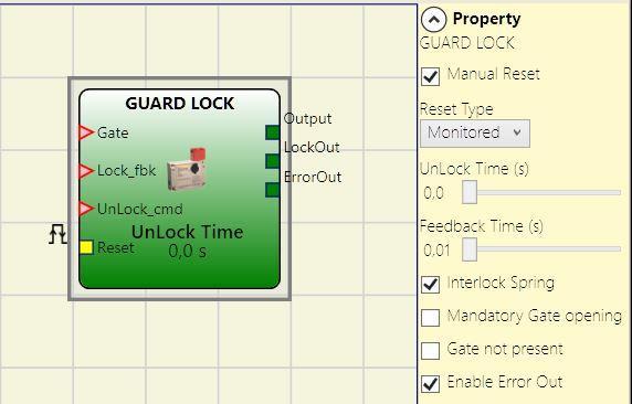GUARD LOCK OPERATORS (max number = 4) GUARD LOCK The GUARD LOCK operator controls locking/unlocking of an by analysing consistency between the Lock command and the status of an E-GATE and a FEEDBACK.