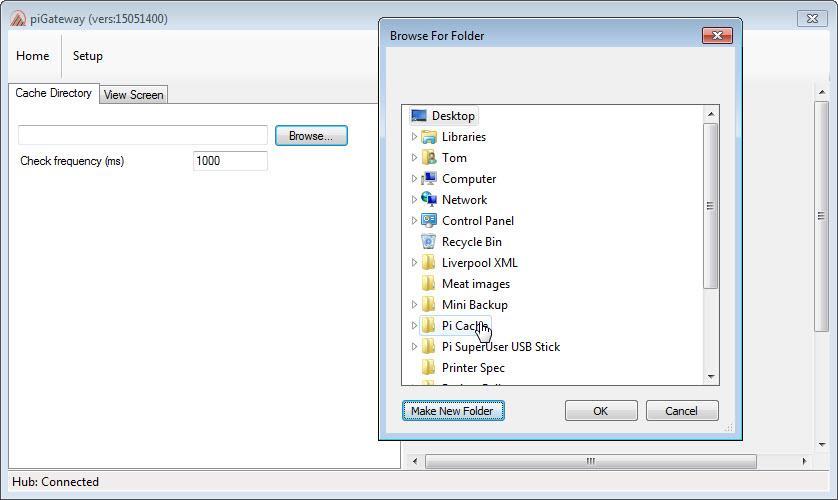 Setting up a cache folder for incoming data The cache folder can be located anywhere on the PC or network that is visible to the PC. Click on the setup button at the top of the Gateway window.