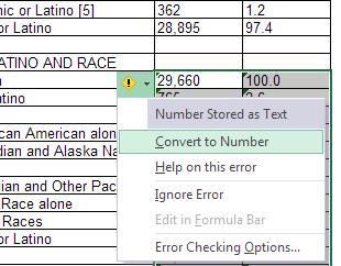 Working with Census Data Excel 2013 Preparing the File If you see a lot of little green triangles next to