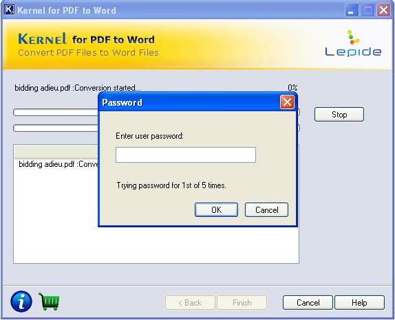 7. Click the Next button to continue. The following screen will appear if the PDF file is password protected: Figure 4.