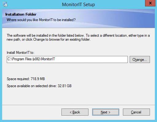 8. The next step lets you select where to install the Goliath Performance Monitor program. When the appropriate location is confirmed or entered, click Next to continue. a. On 64-bit versions of Windows, the default location is C:\Program Files (x86)\monitorit 9.