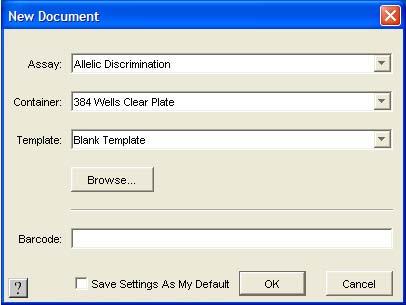 Appendix A Running and Analyzing the Dilution Series Plate 4. Complete the New Document dialog box: a. Assay Select Allelic Discrimination. b. Container Select the appropriate format.