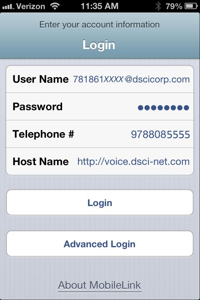 Screenshot 1: iphone Login Credentials 5. Select Login 6. Accept End-User License Agreement Note: Remote Office will be automatically enabled once you login and activate MobileLink.