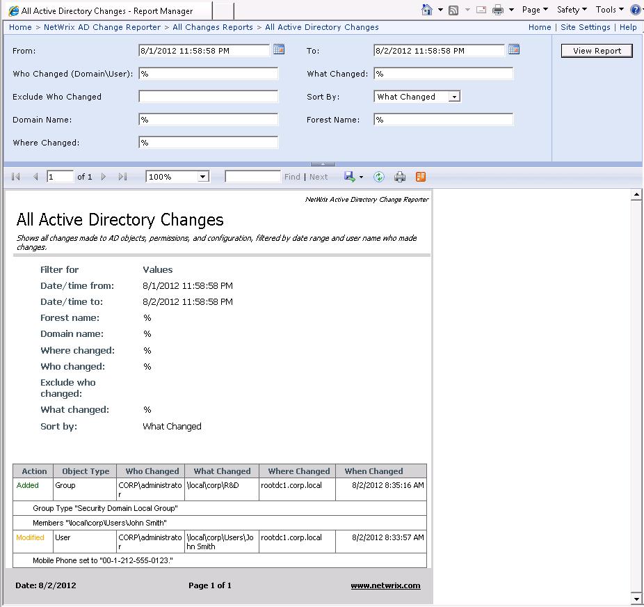 Figure 36: All Active Directory Changes Report (Web Browser) 6.4.