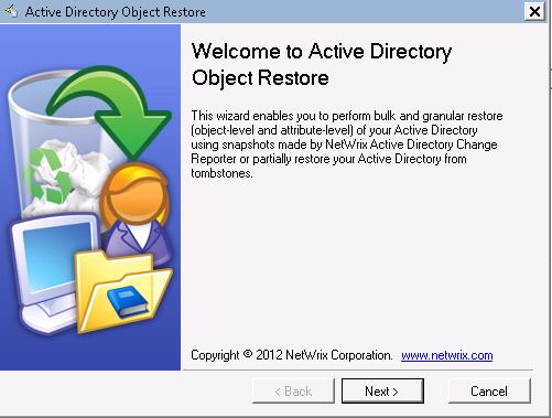 In the right pane, click the Restore AD Objects button next to Active Directory Object Restore. The welcome page of the Active Directory Object Restore wizard will be displayed. Click Next to proceed.