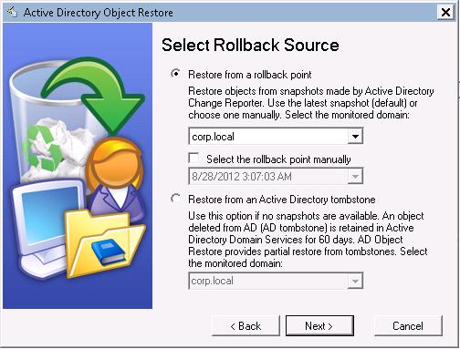 Figure 65: Active Directory Object Restore Wizard: Select Rollback Period 4.