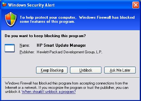 Recovering from a blocked program on Microsoft Windows Configuring Windows firewall settings The Windows Security Alert appears when a program is blocked from accepting connections from the Internet