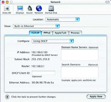 Show pull-down menu Select Using DHCP in the Configure pull-down menu Click Apply Now