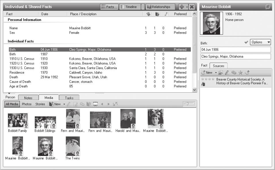 Family Tree Maker 2011 15 The Person tab gives you a more comprehensive view of an individual.