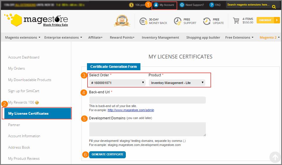 1. Generate License Certificate After purchasing an extension, you will receive an email that includes the link to access My License Certificates on Magestore website.
