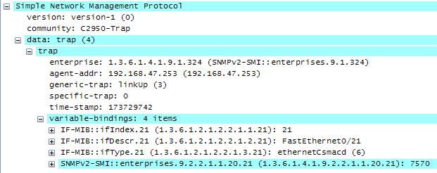 Hình sau là bản tin trap thông báo interface FastEthernet0/21 đã UP. + enterprise =.1.3.6.1.4.1.9.1.324, đây là định danh của thiết bị Cisco switch Catalyst 2950 (.9.1.324) + agent-addr = 192.168.47.