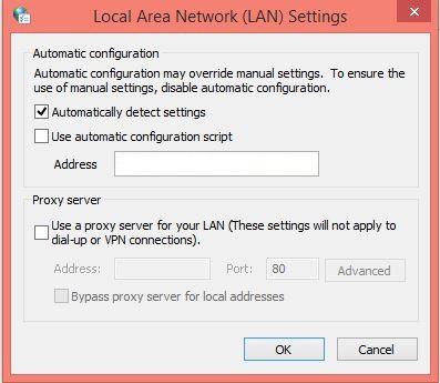 In LAN settings check Automatically detect settings. Click on OK on LAN Settings box and OK on Internet Properties box to close Internet options.