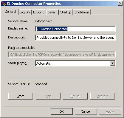 Figure 3.8: ZL Domino Connector Properties Dialog Box 7. Click the Java tab.