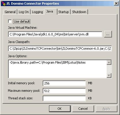 Verify that the Java Options field contains the path to Notes.exe on your file system.