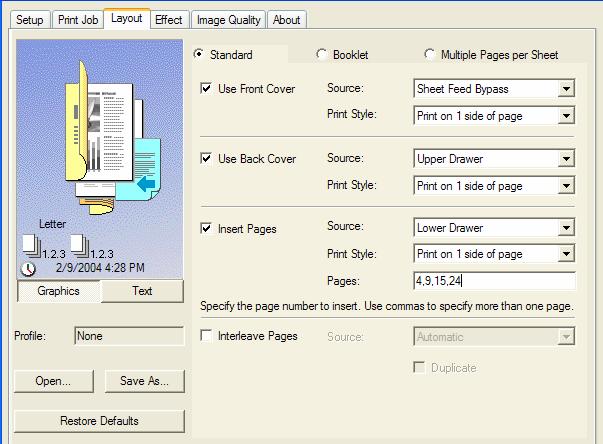 Print Layout: This menu handles the more complex document settings, including the ability to specify different paper sources for front cover, back cover, chapter sheet inserts and the main pages of